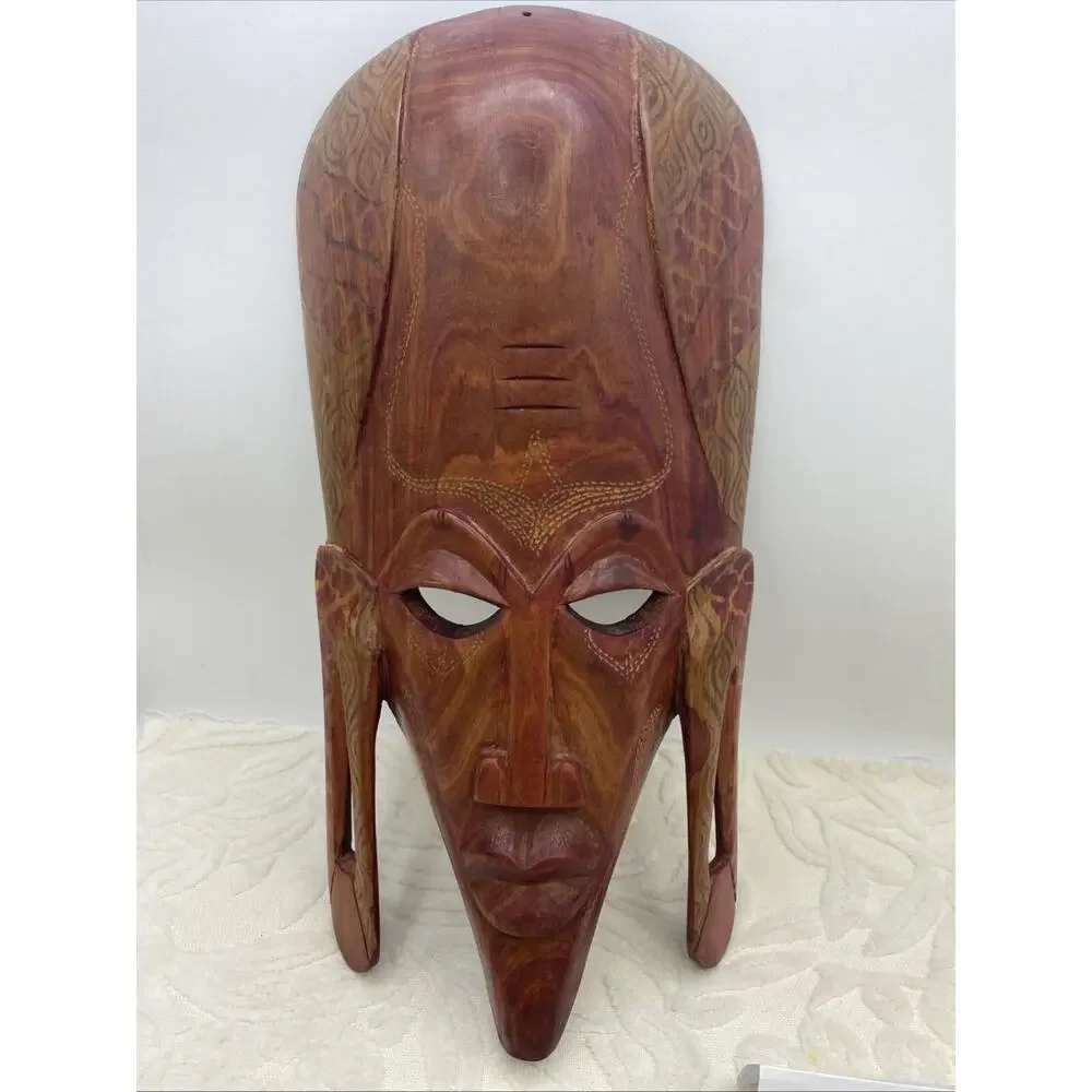 Vintage African WOOD MASK Tribal Art-long ears-wall hanging-hand carved 14”